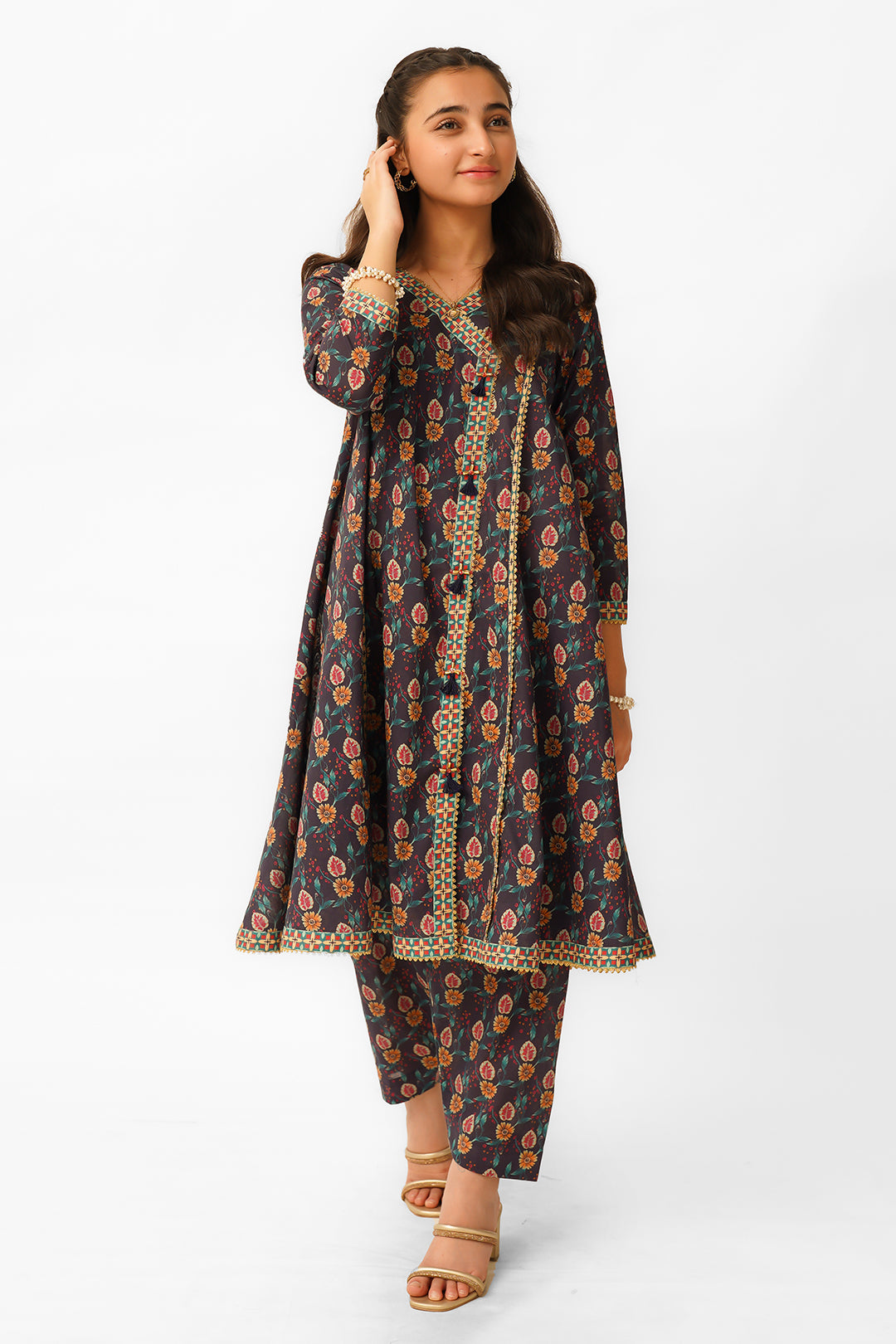 T-ALPRTW-034 Lawn printed Angrakha style frock with the pear of shalwer