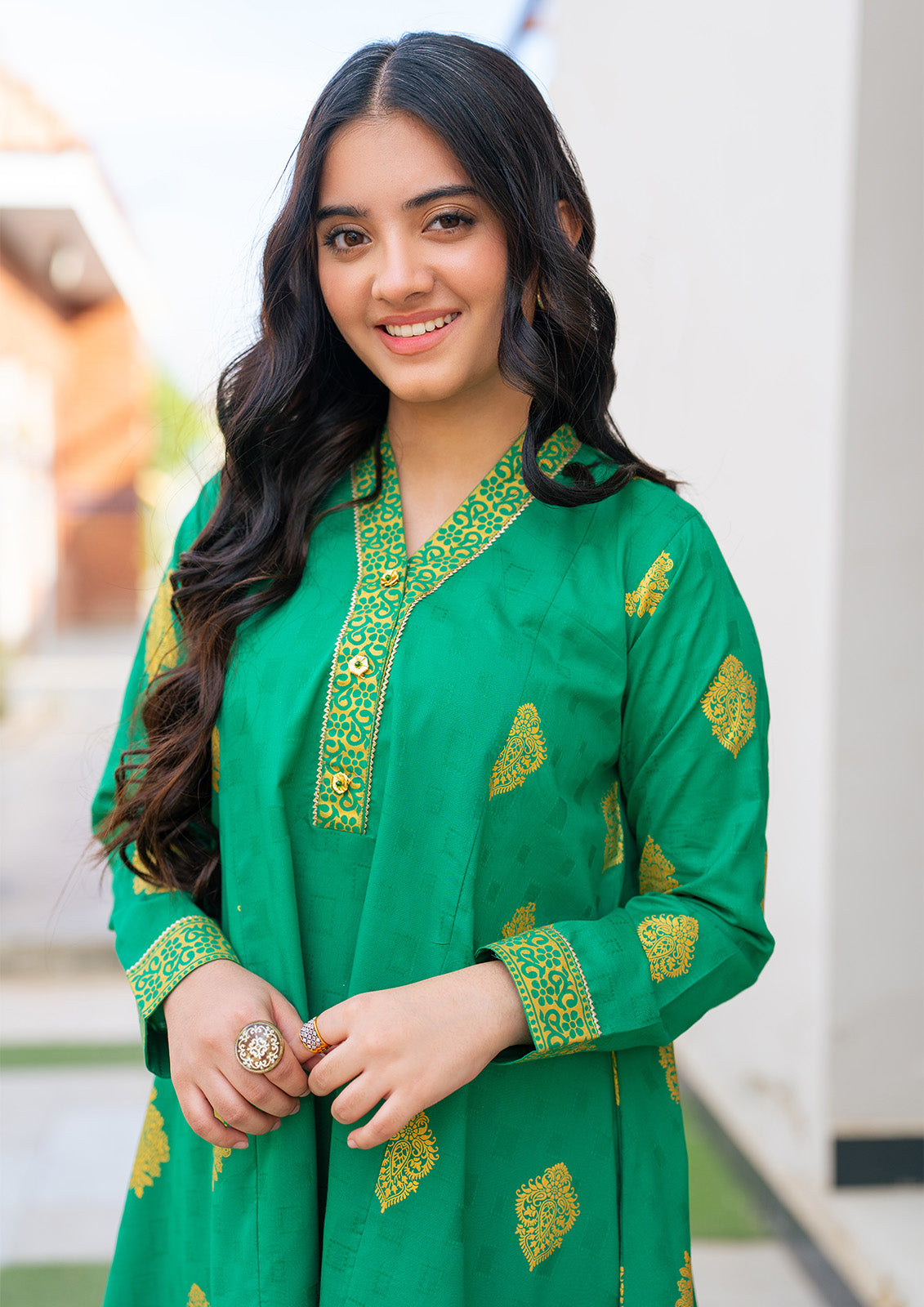 JK-PRT-004 3 Pcs Suit ALL OVER gold PRINTED Frock and Trouser with duppata