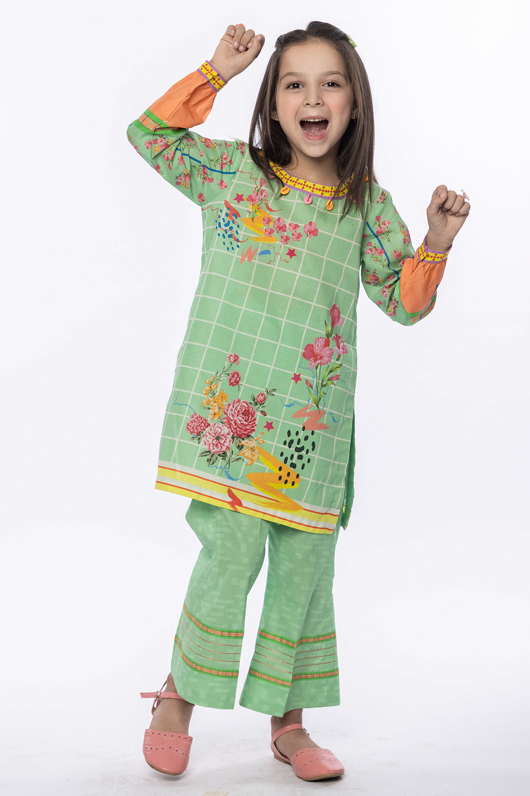 MAC-018, 2Pcs Printed Lawn Suit LT-Green