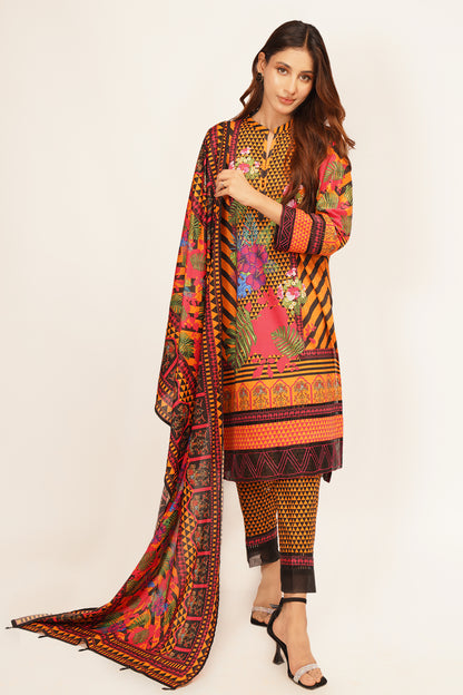 3Pcs Digital Printed Suit in Yellowish Orange SKU: UN-002