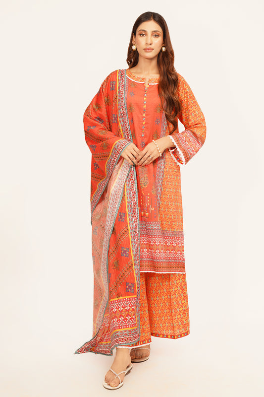 3Pcs Digital Printed Suit in Pinkish Orange SKU: UN-008