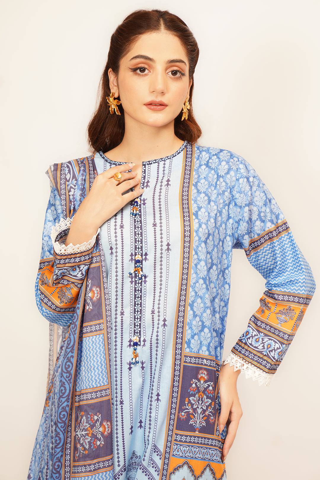 3Pcs Digital Printed Suit in Light Blue SKU: UN-011