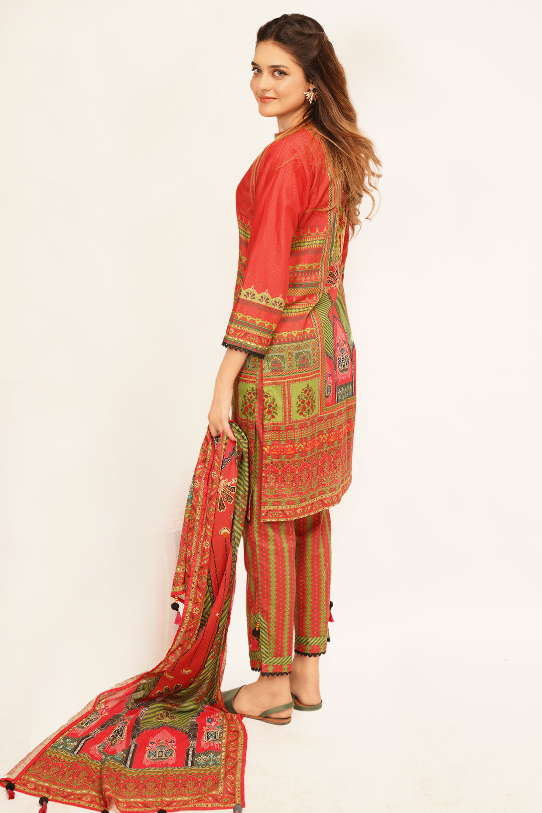 3Pcs Digital Printed Suit in Carmine Pink and Green SKU: UN-010