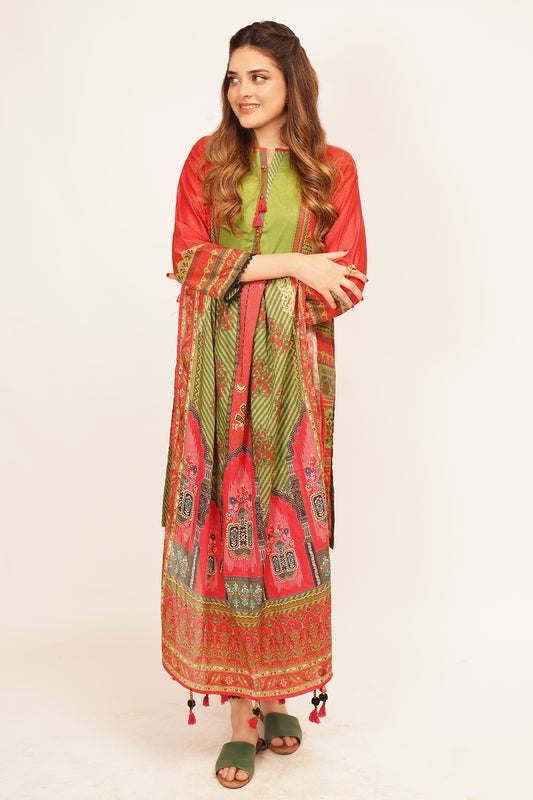 3Pcs Digital Printed Suit in Carmine Pink and Green SKU: UN-010