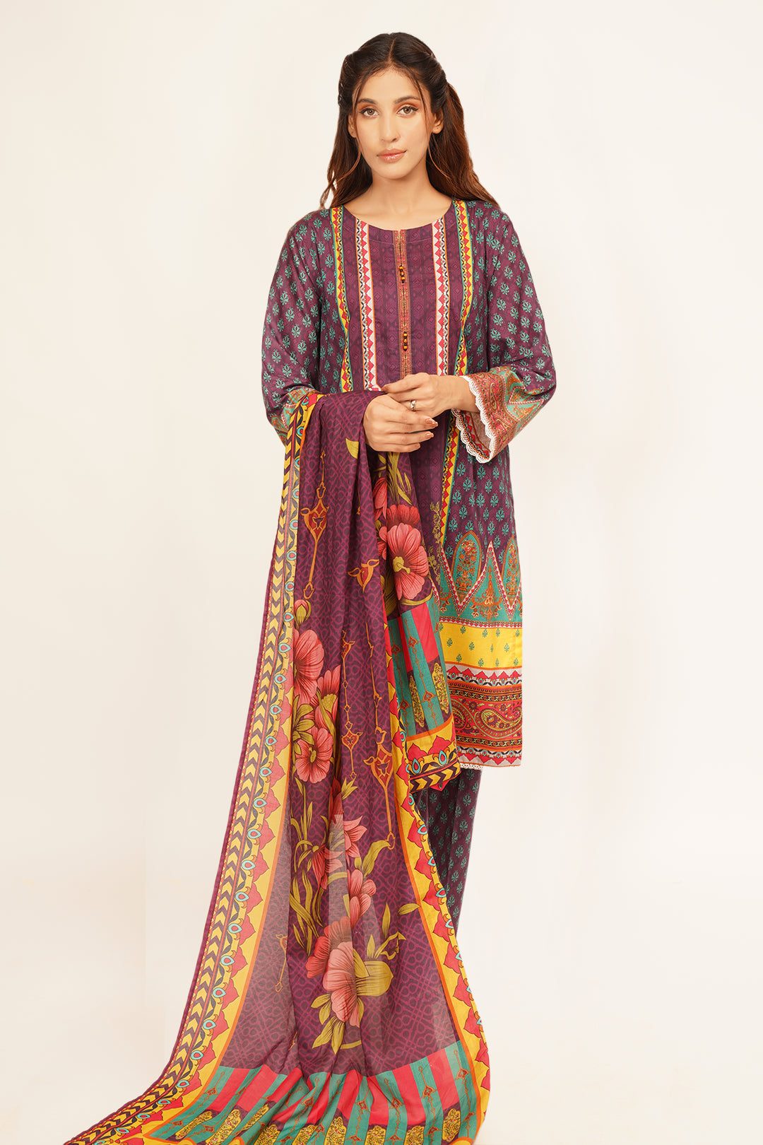 3Pcs Digital Printed Suit in Purple Brown SKU: UN-009