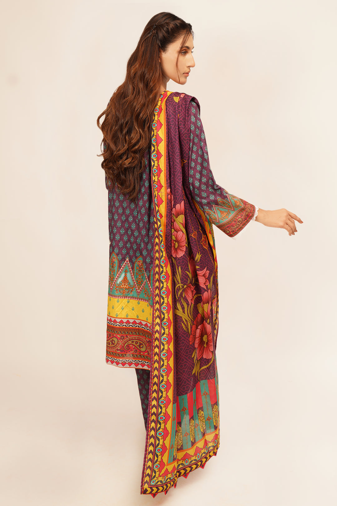 3Pcs Digital Printed Suit in Purple Brown SKU: UN-009