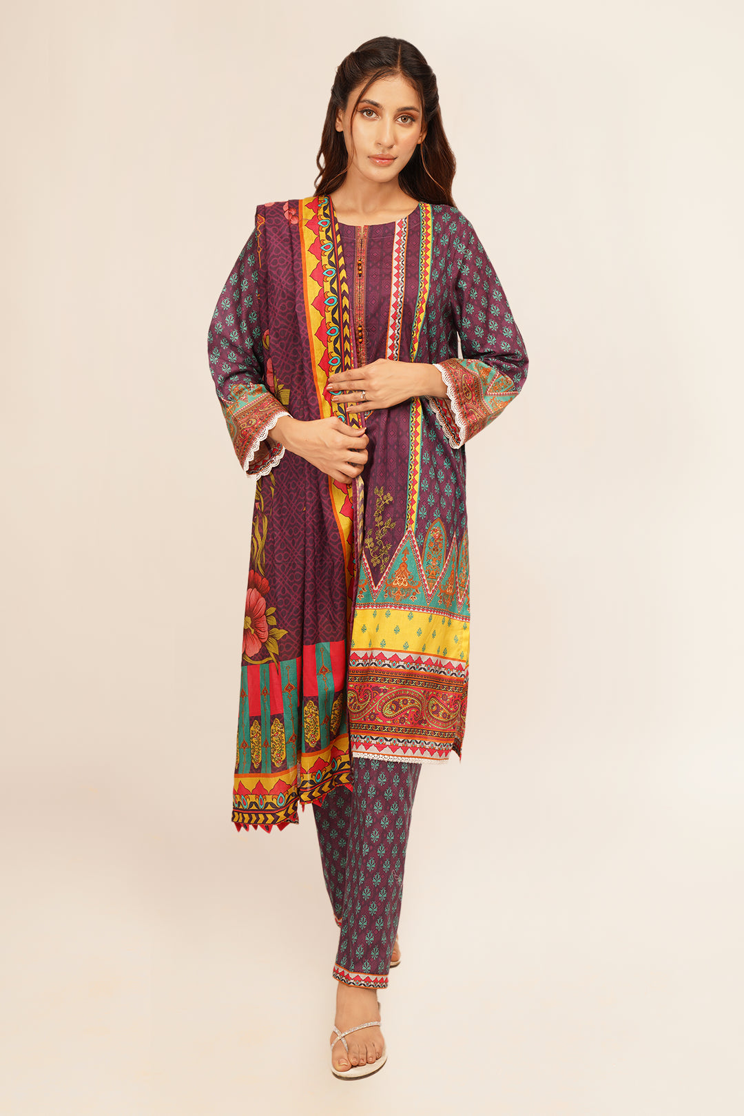 3Pcs Digital Printed Suit in Purple Brown SKU: UN-009