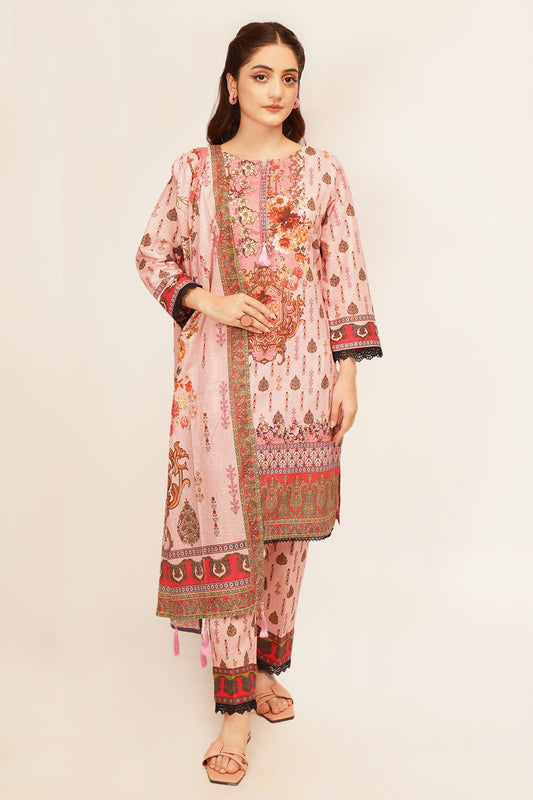 3Pcs Digital Printed Suit in Pale Pink SKU: UN-007