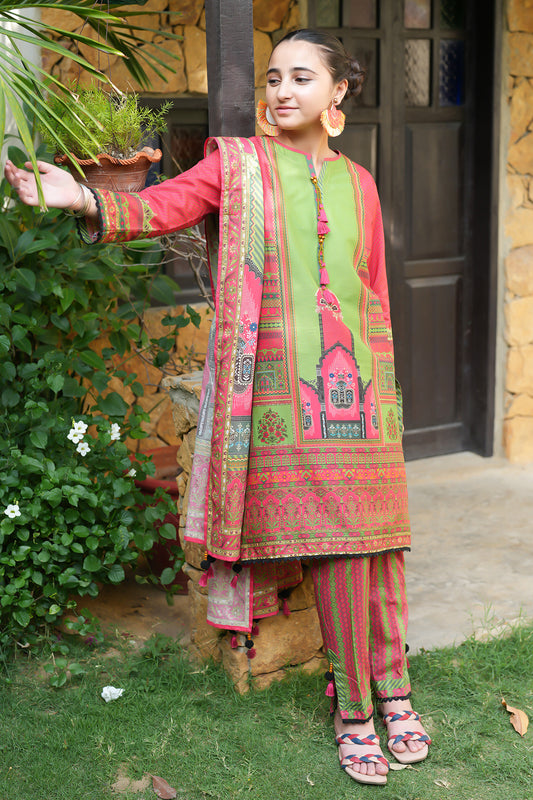 3Pcs Digital Printed Suit in Carmine Pink and Green SKU: UN-010