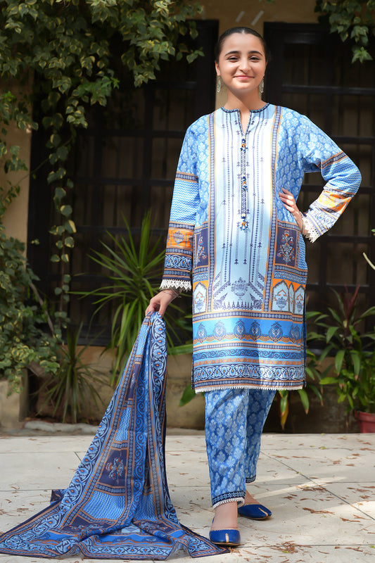 3Pcs Digital Printed Suit in Light Blue SKU: UN-011