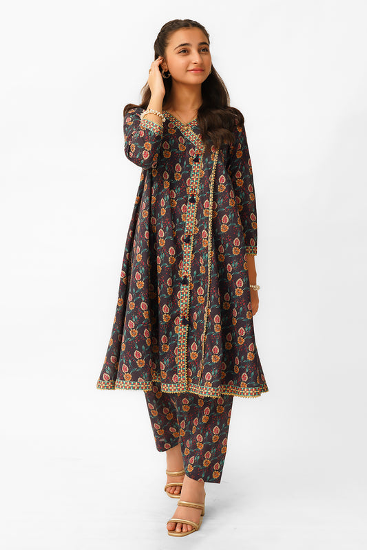 T-ALPRTW-034, Lawn printed Angrakha style frock with the pear of shalwer