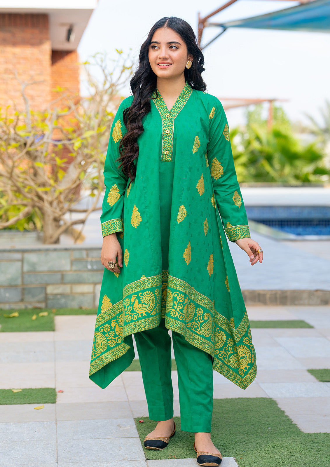 JK-PRT-004 3 Pcs Suit ALL OVER gold PRINTED Frock and Trouser with duppata
