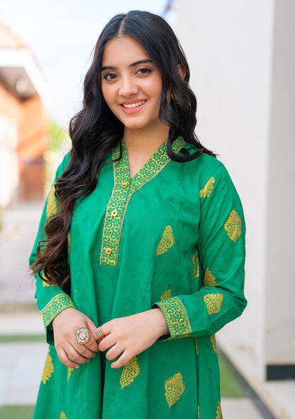 JK-PRT-004 3 Pcs Suit ALL OVER gold PRINTED Frock and Trouser with duppata