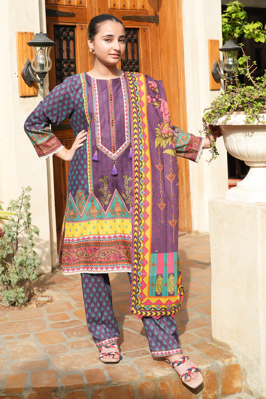 3Pcs Digital Printed Suit in Purple Brown SKU: UN-009