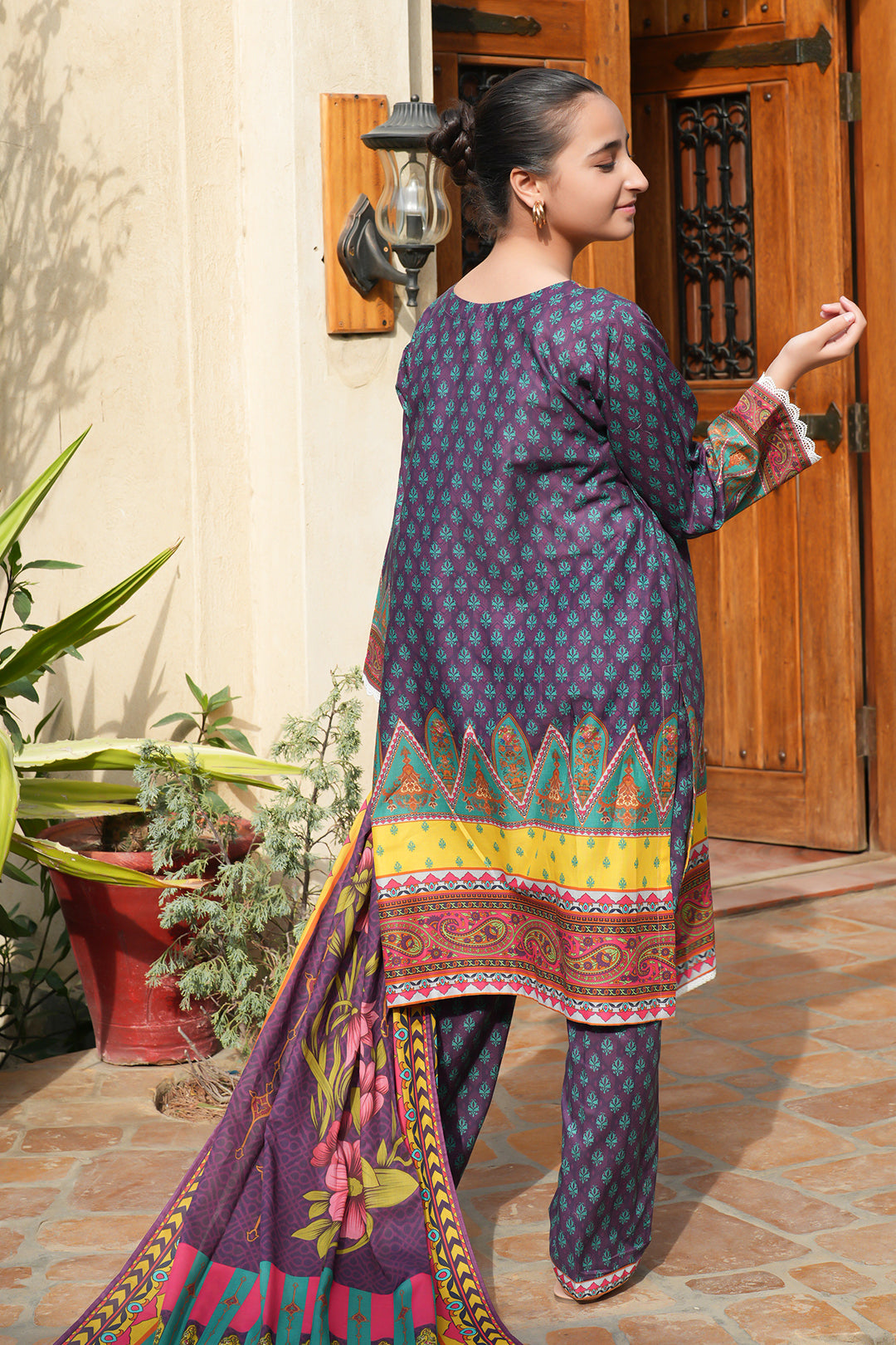 3Pcs Digital Printed Suit in Purple Brown SKU: UN-009