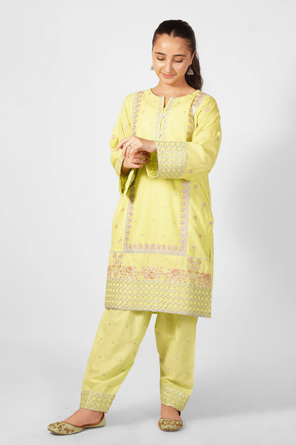 2PCS Embroidered Suit In Lemon Yellow SKU: SFC-195