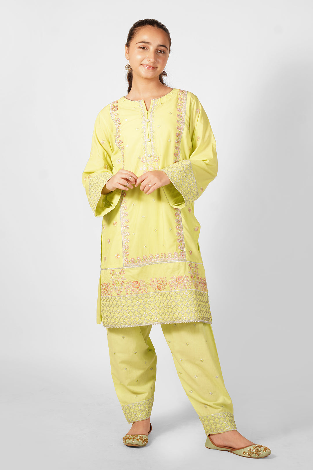 2PCS Embroidered Suit In Lemon Yellow SKU: SFC-195