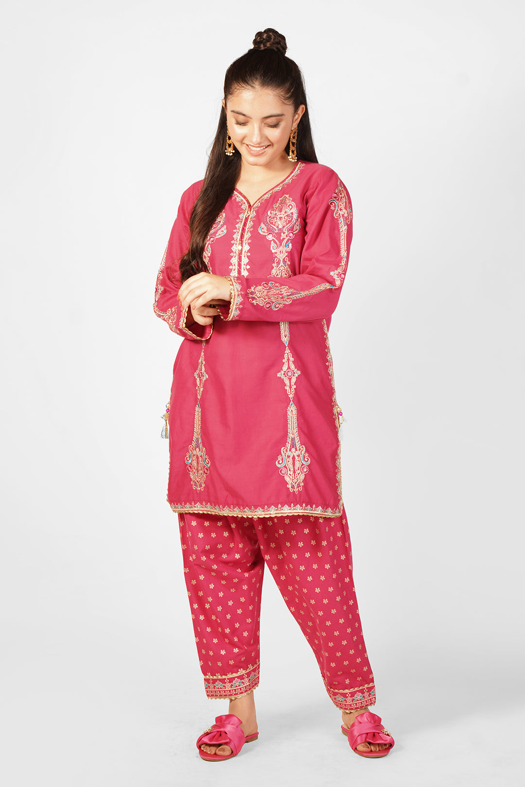 2PCS Embroidered with table print Suit in Dark Pink SKU: SFC-198