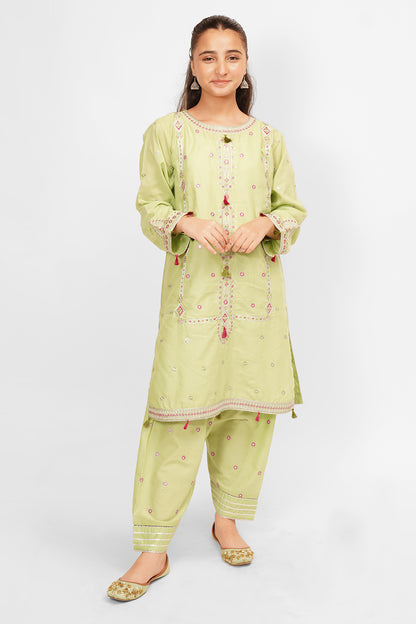 2PCS Embroidered Cotton Lawn Suit In Olive Green SKU: SFC-199