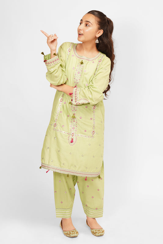 2PCS Embroidered Cotton Lawn Suit In Olive Green SKU: SFC-199