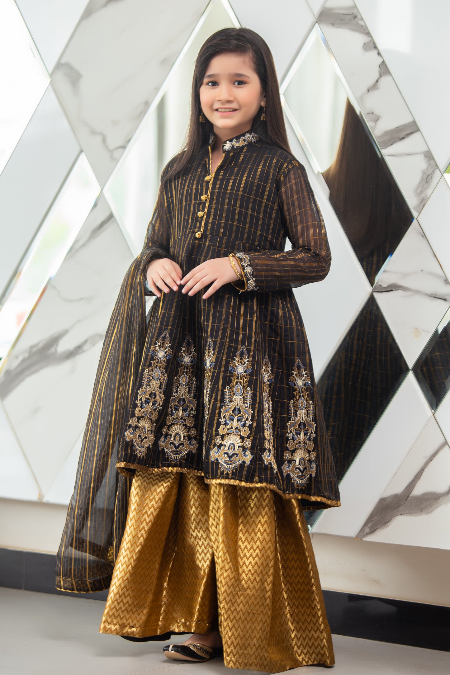 RTWFDS-001, Black Dress with the combination or golden brown embroidery on orgenza jaquard