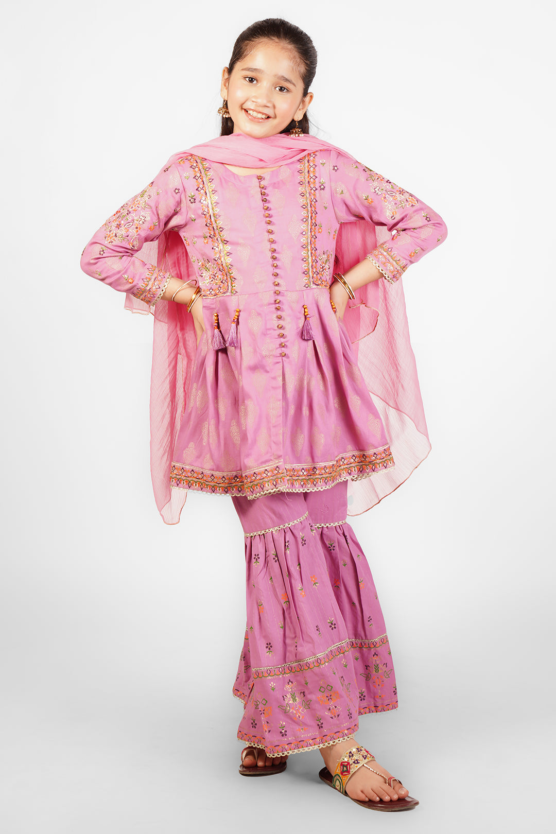 3PCS JACQUARD EMBROIDERED with Table print Suit In Pearl Pink SKU: Fort-006