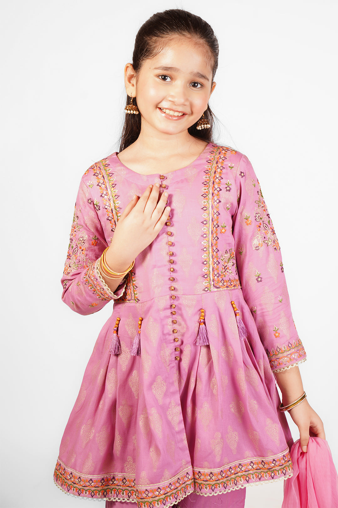 3PCS JACQUARD EMBROIDERED with Table print Suit In Pearl Pink SKU: Fort-006