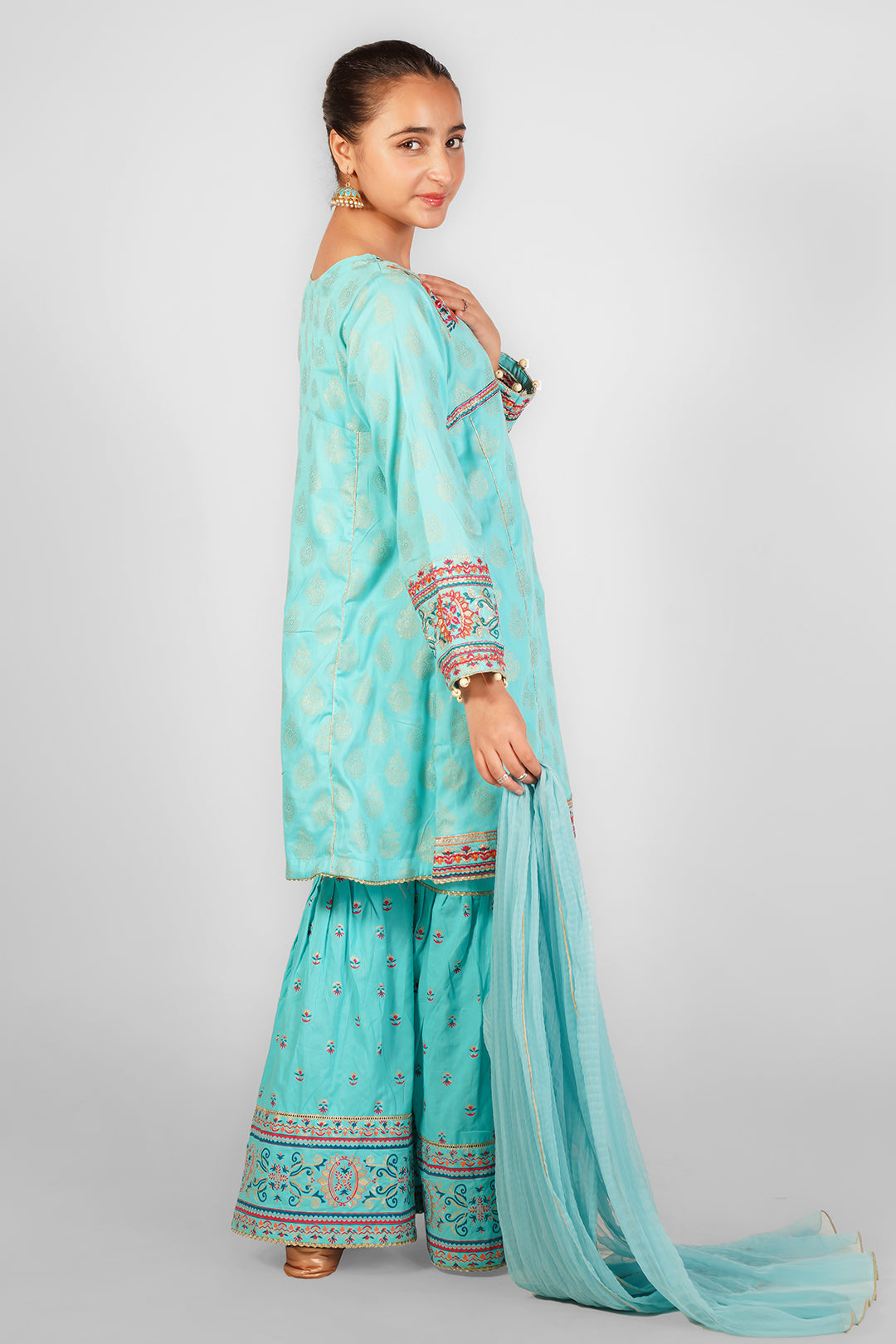 3PCS JACQUARD EMBROIDERED with table print Suit In Pale Blue SKU: Fort-009