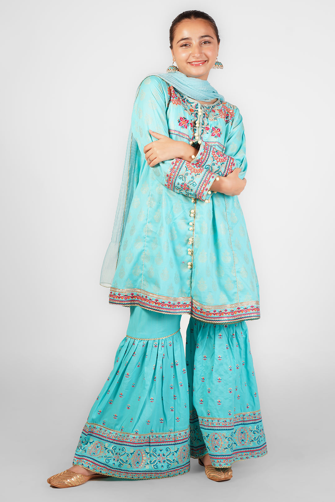 3PCS JACQUARD EMBROIDERED with table print Suit In Pale Blue SKU: Fort-009