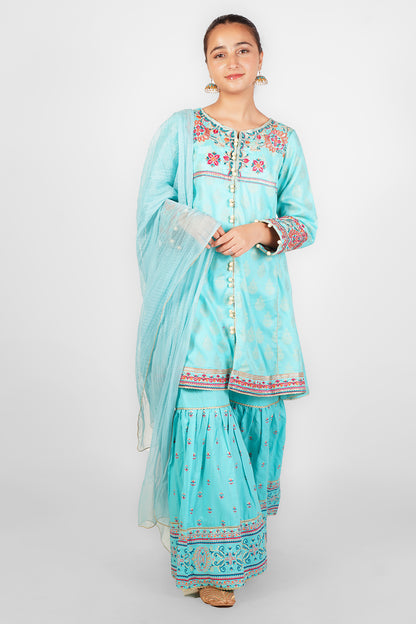 3PCS JACQUARD EMBROIDERED with table print Suit In Pale Blue SKU: Fort-009