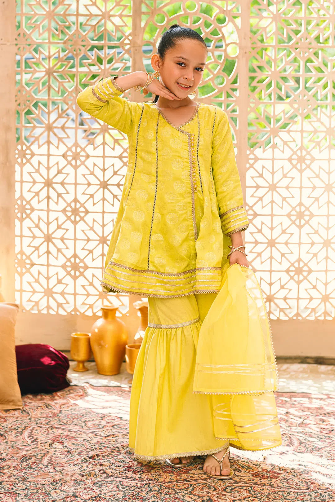 Neon Yellow Angrakha Style 3 Piece Suit SKU: MGF-005