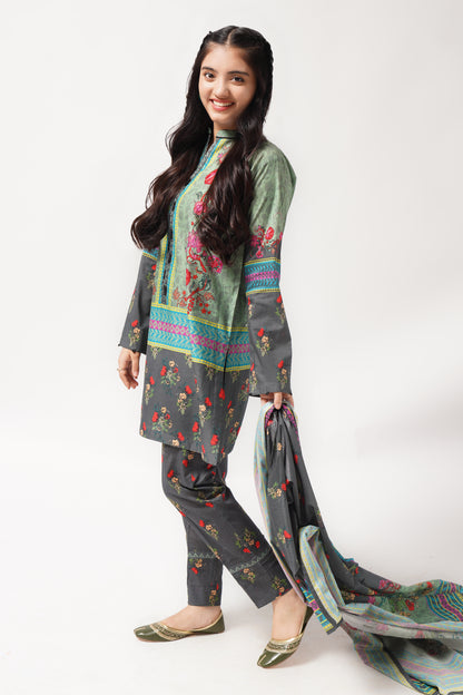 3Pcs Digital Printed Suit in Pale Green and Dusty Gray SKU: 3PCS-037