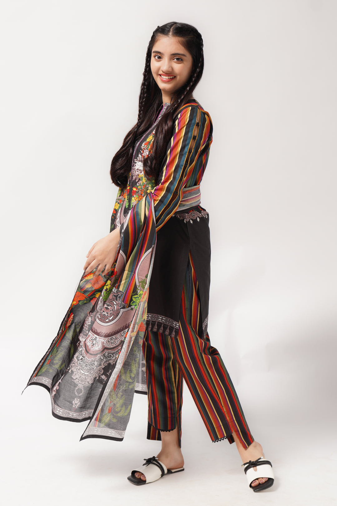 3Pcs Digital Printed Suit in Black and Dark Pastel Red SKU: 3PCS-039