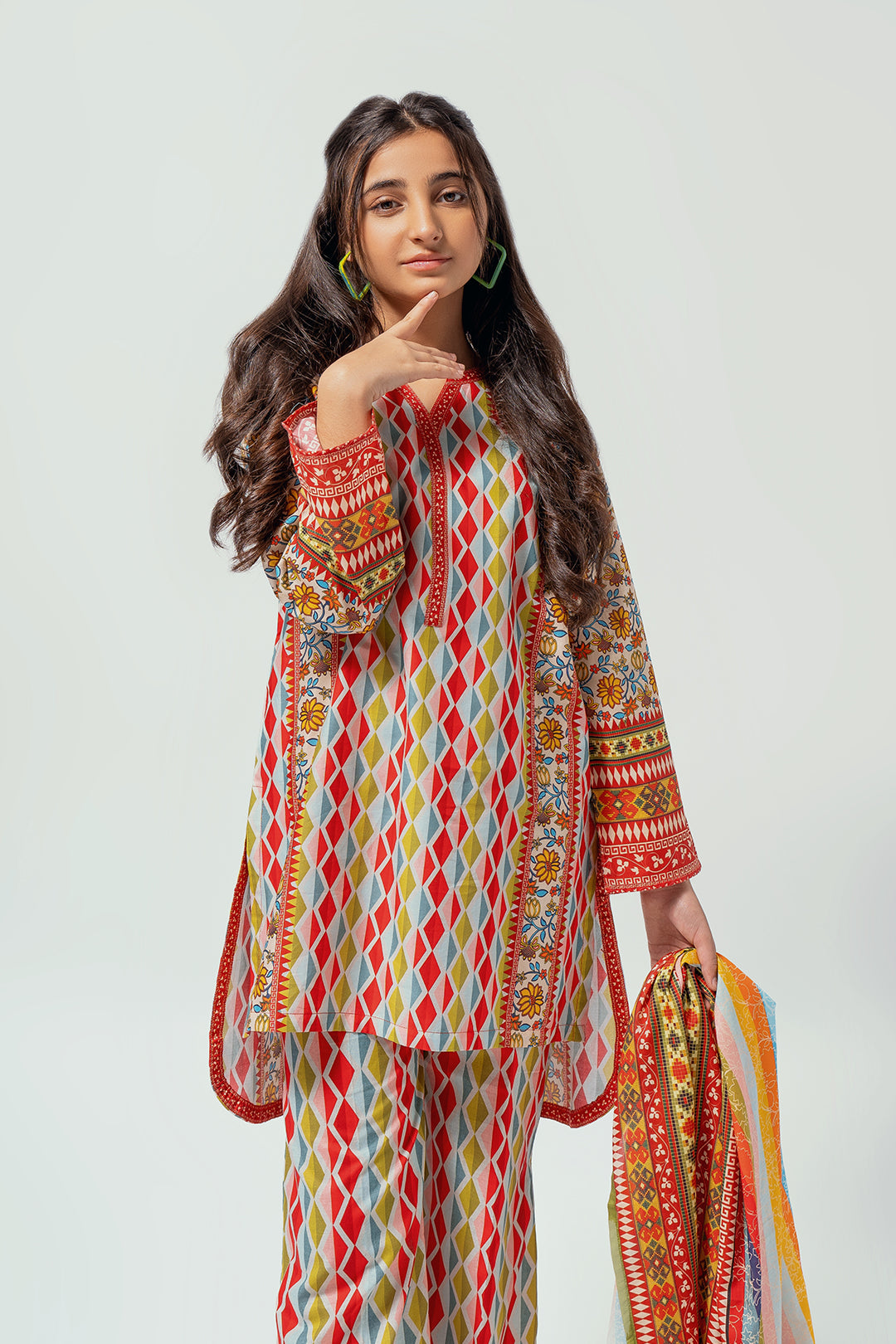 3Pcs Digital Printed Suit in Mercury Base with Multi Colors SKU: 3PCS-043