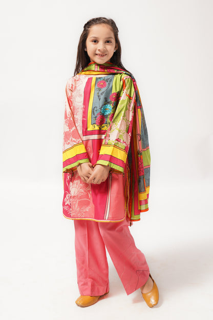 3Pcs Digital Printed Suit in Almond and Pink SKU: 3PCS-044