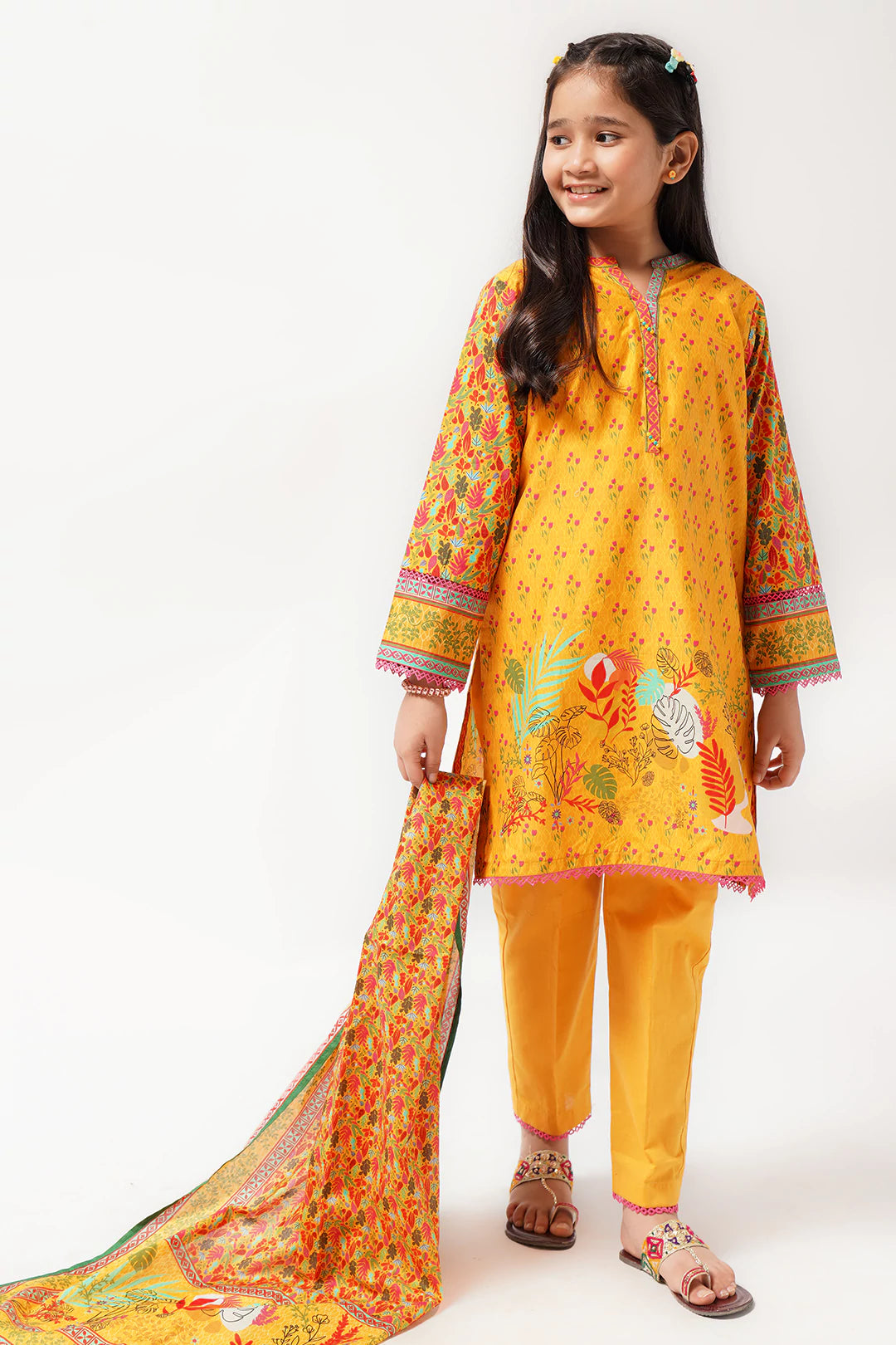 3Pcs Digital Printed Suit in Yellow SKU: 3PCS-045