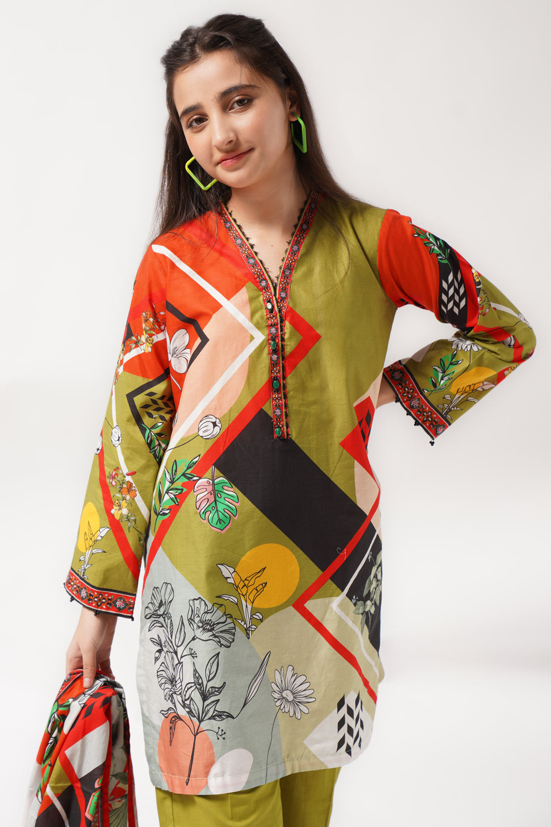 3Pcs Digital Printed Suit in Greenish and Vibrant Orange SKU: 3PCS-046