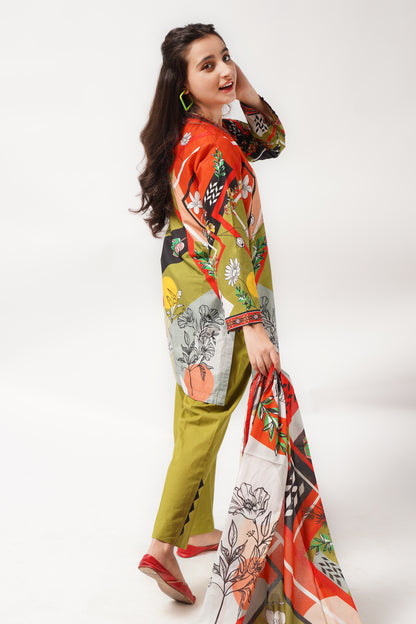 3Pcs Digital Printed Suit in Greenish and Vibrant Orange SKU: 3PCS-046