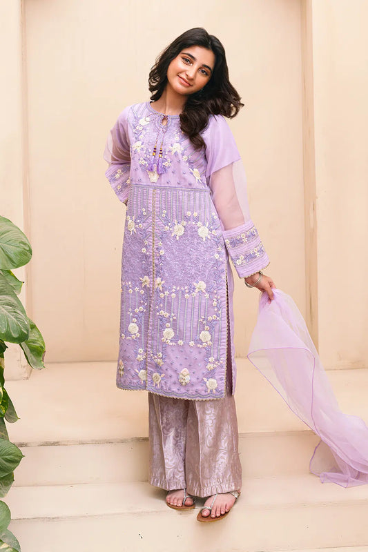 Lilac Embroidered 3 Piece Suit /Organza Fabric SKU: RTWFDS-13