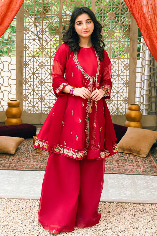 Red Embroidered Angrakha 3 Piece Suit /Organza Fabric SKU:  RTWFDS-14