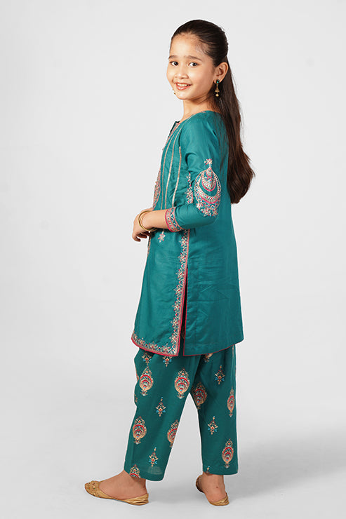 2PCS Embroidered with table print Suit In Ocean Green SKU: SFC-196