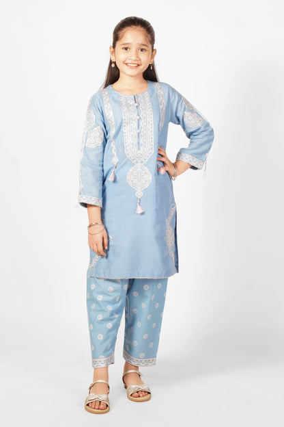 2PCS Embroidered with table print Suit In Cloudy Blue SKU: SFC-197