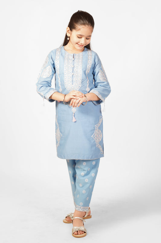 2PCS Embroidered with table print Suit In Cloudy Blue SKU: SFC-197