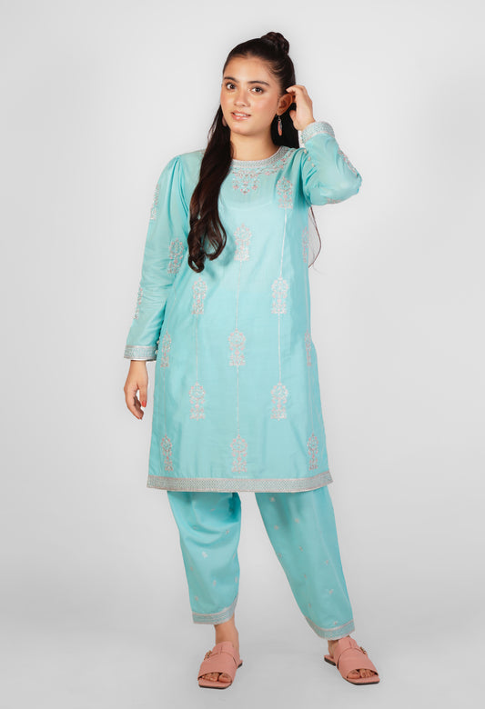 2PCS Embroidered Suit In Pale Blue SKU: SFC-200