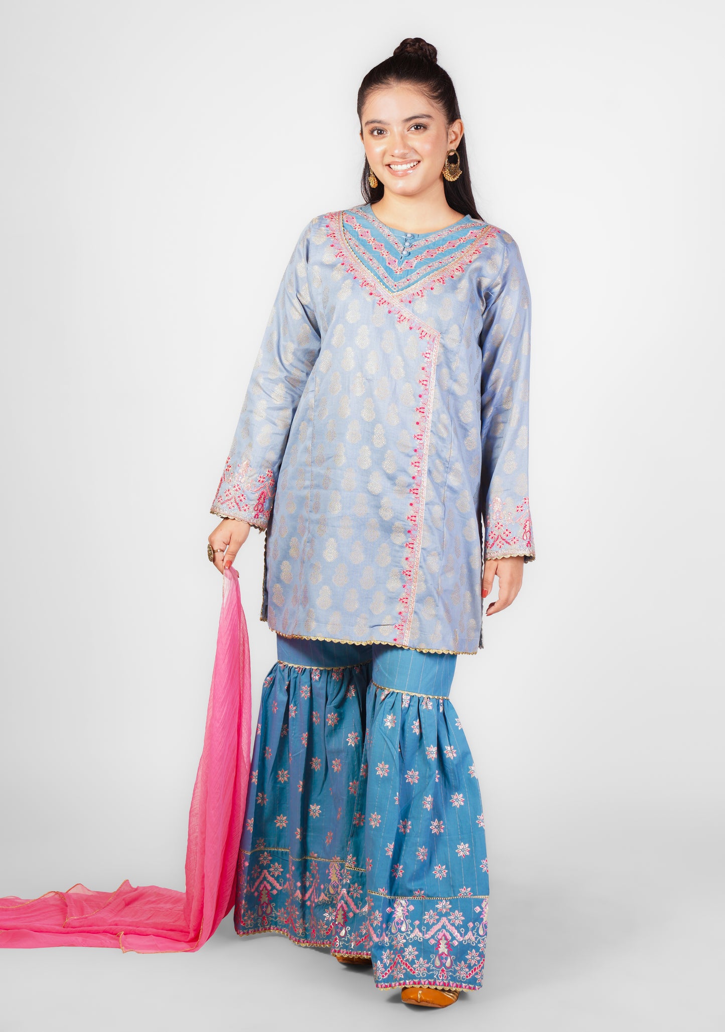 3PCS JACQUARD EMBROIDERED with table print Suit In Grey SKU: FORT-008