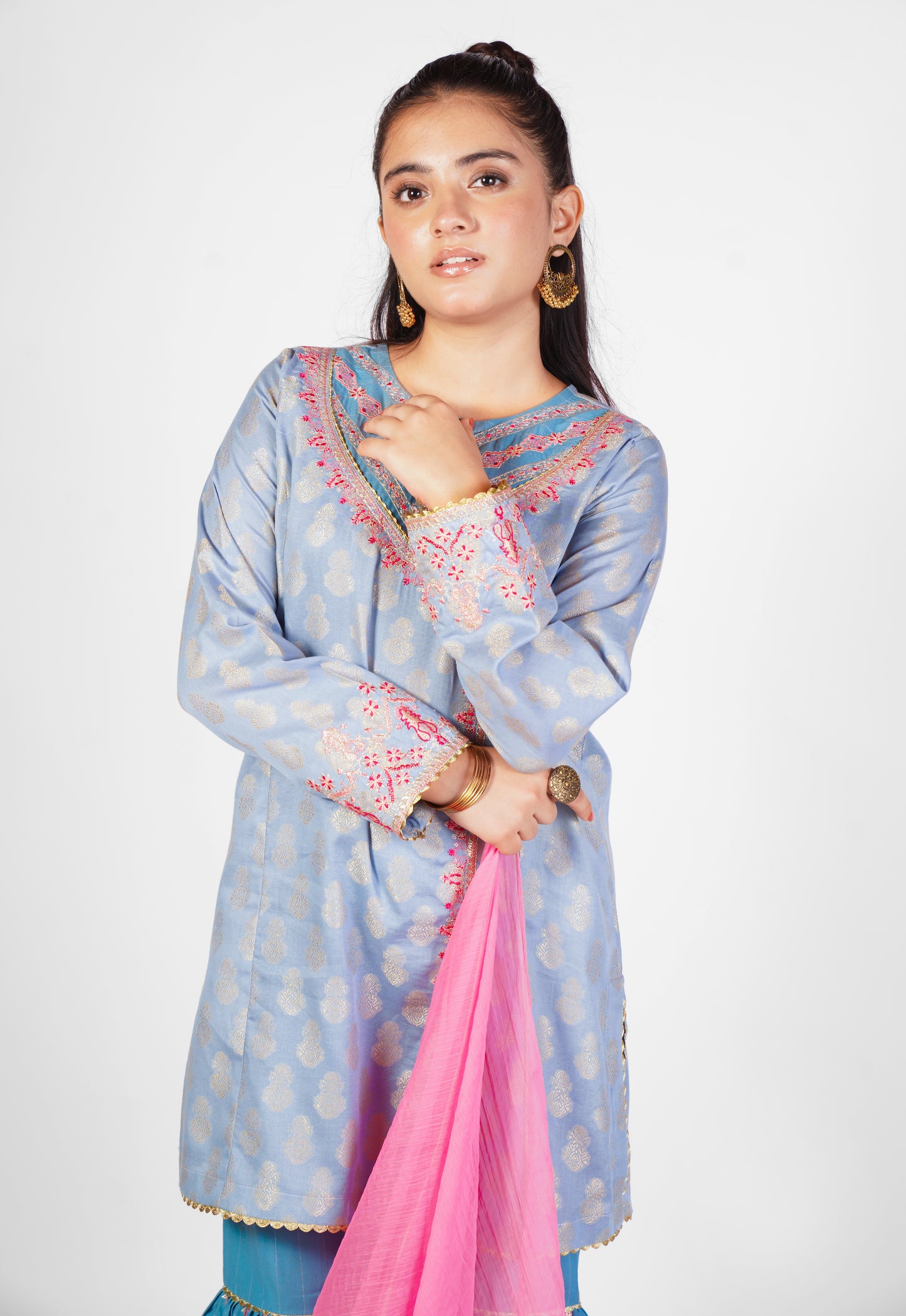 3PCS JACQUARD EMBROIDERED with table print Suit In Grey SKU: FORT-008