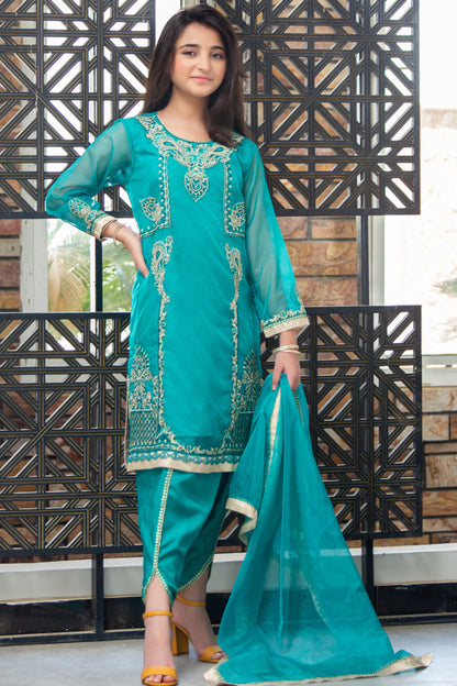 RTWFDS-006, Seagreen Dress Organza 3pc with Embroidery