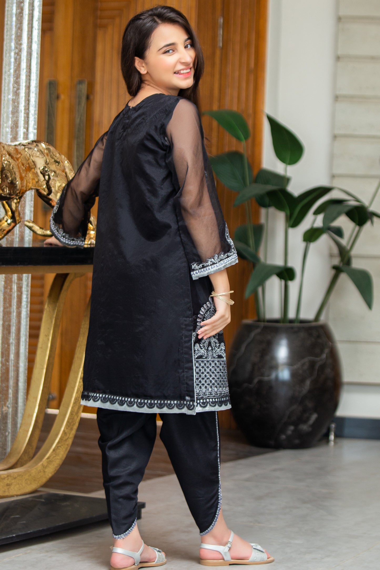 RTWFDS-006, black orgenza 3pc dress with silver embroidery