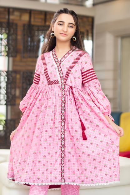 2PCSFRK-062, Pink cotton lawn 2 pc dress with dark pink embroided neckline  (summer frindly )