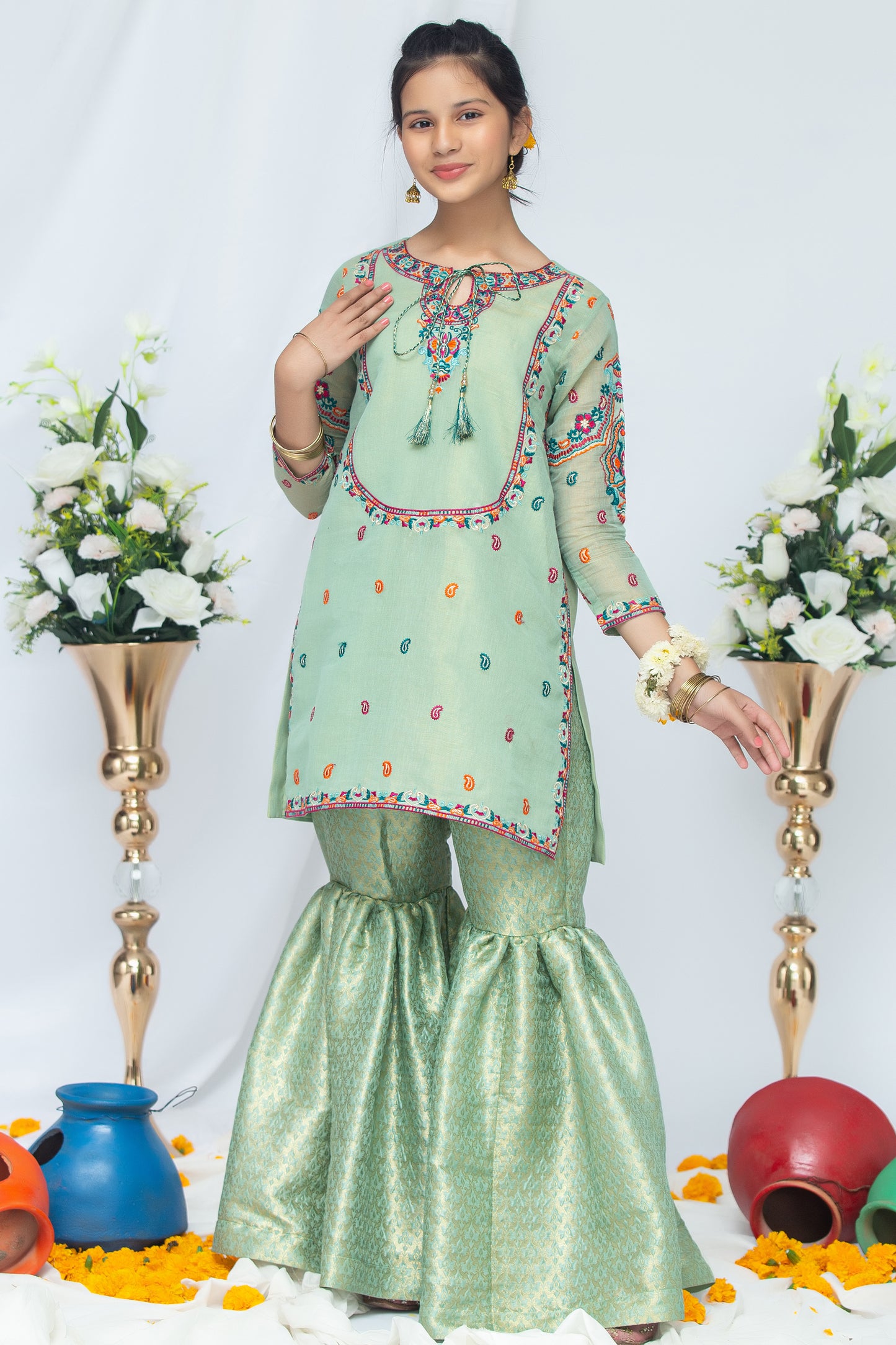 RTWFDS-002, Mint Green color 3pcs embroidered dress